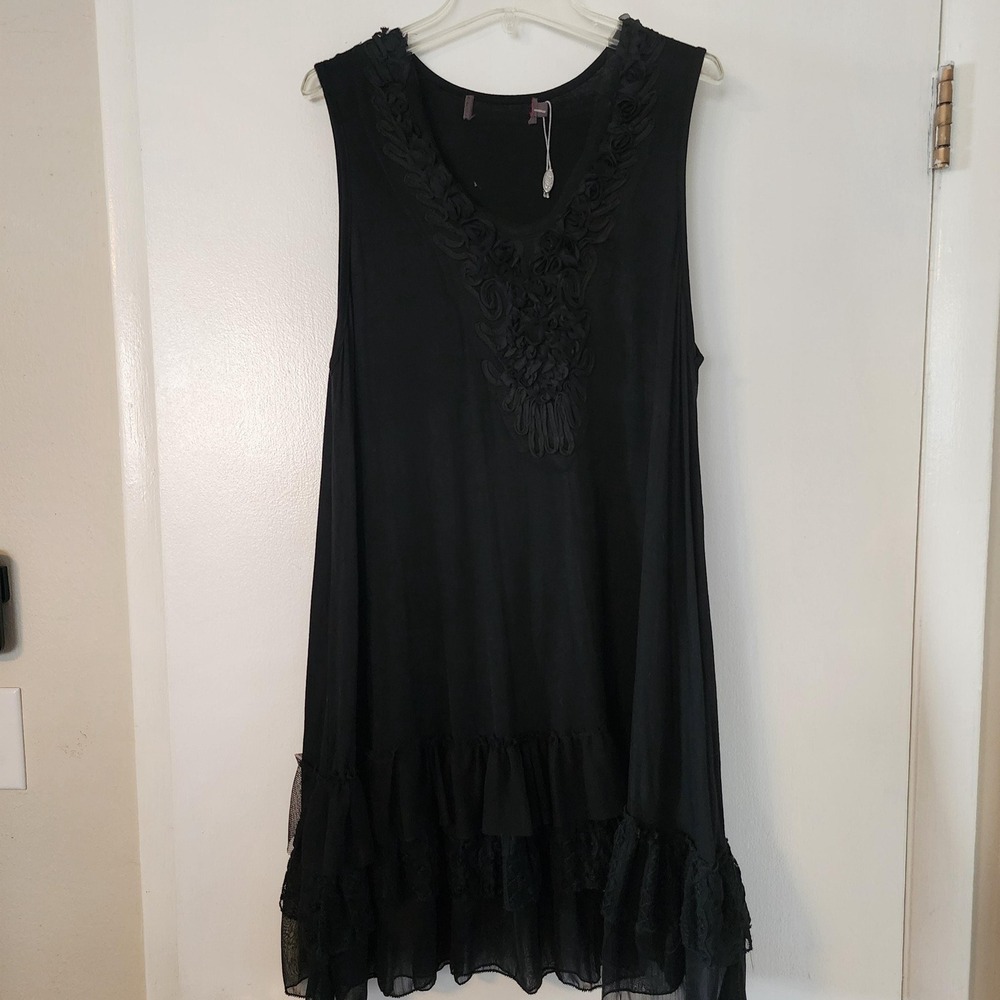 Black Silk Blend Rosette Ruffle Long Tank Top Gothic Whimsical L - Picture 2 of 7